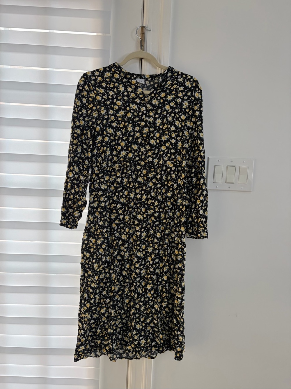 Floral Long-Sleeve Midi Dress in Black and Yellow